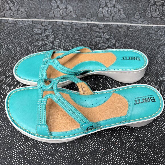 Born Womens Leather Sandals Size 10 Turquoise Open Toe Slide Wedge - Picture 4 of 8